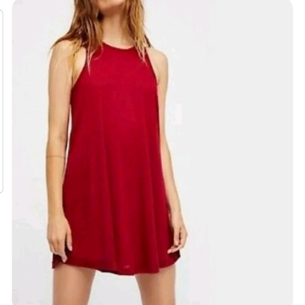 Free People Beach Tank Dress Red LA Nite Racerback Swing Stretch Size Small